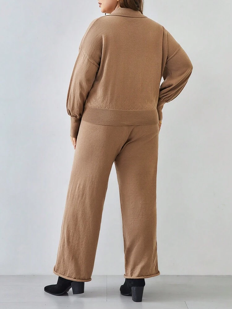 Women'S Plus Size Collared Sweater And Drawstring Knit Pants Set