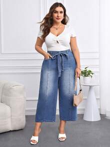 SHEIN LUNE 女士加大號束腰牛仔褲 - 淺色水洗藍 - 查看 3