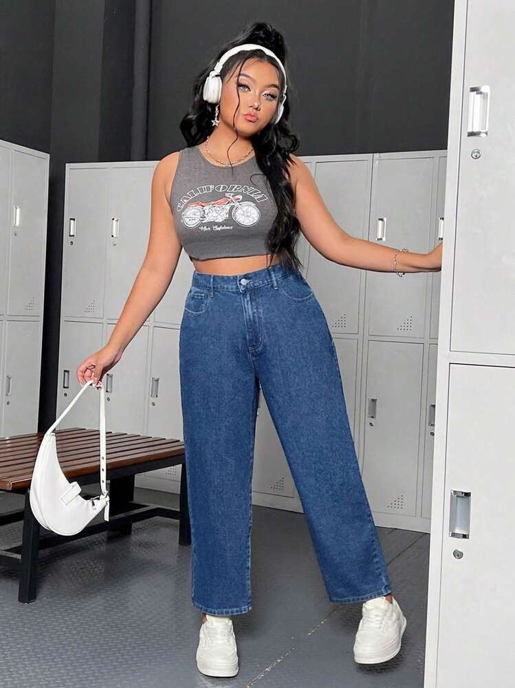 SHEIN ICON プラスサイズ ミドルライズ ストレート デニムパンツ - ブルー - 見る 4