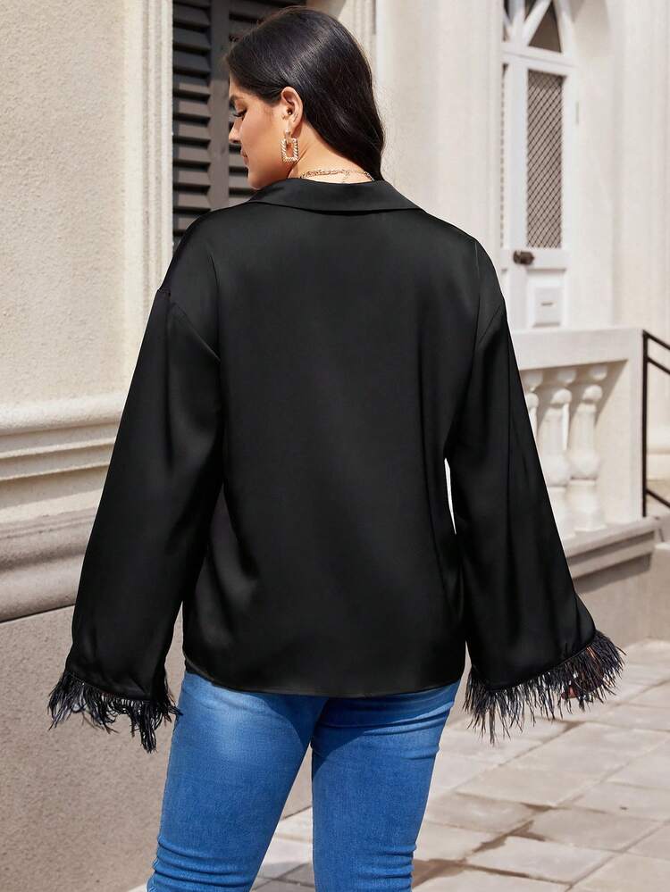 Women's Plus Size Solid Color V-neck Tassel Cuff Shirt With Patchwork