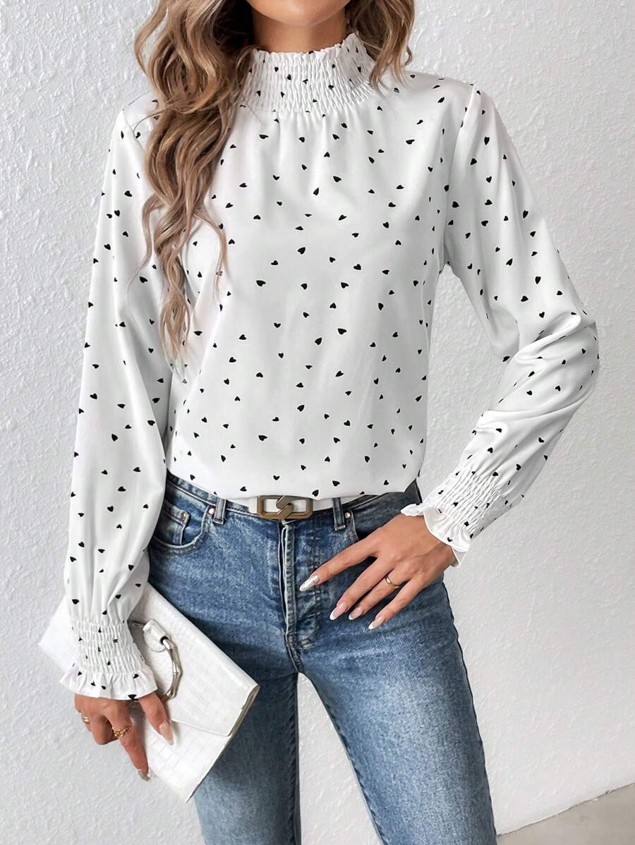 SHEIN Clasi Của phụ nữ In Trái tim Nút Lên Áo sơ mi - trắng - Xem 1