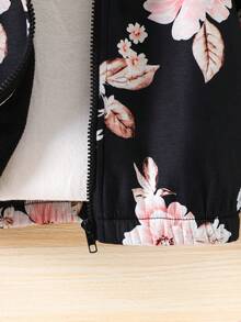 SHEIN 1件女童花卉印花連帽外套,適用於度假風格,秋冬季節 - 黑色 - 查看 6