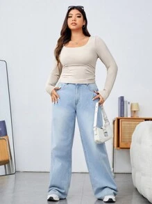 SHEIN EZwear 米色針織長袖女式t卹 - 米色 - 查看 6