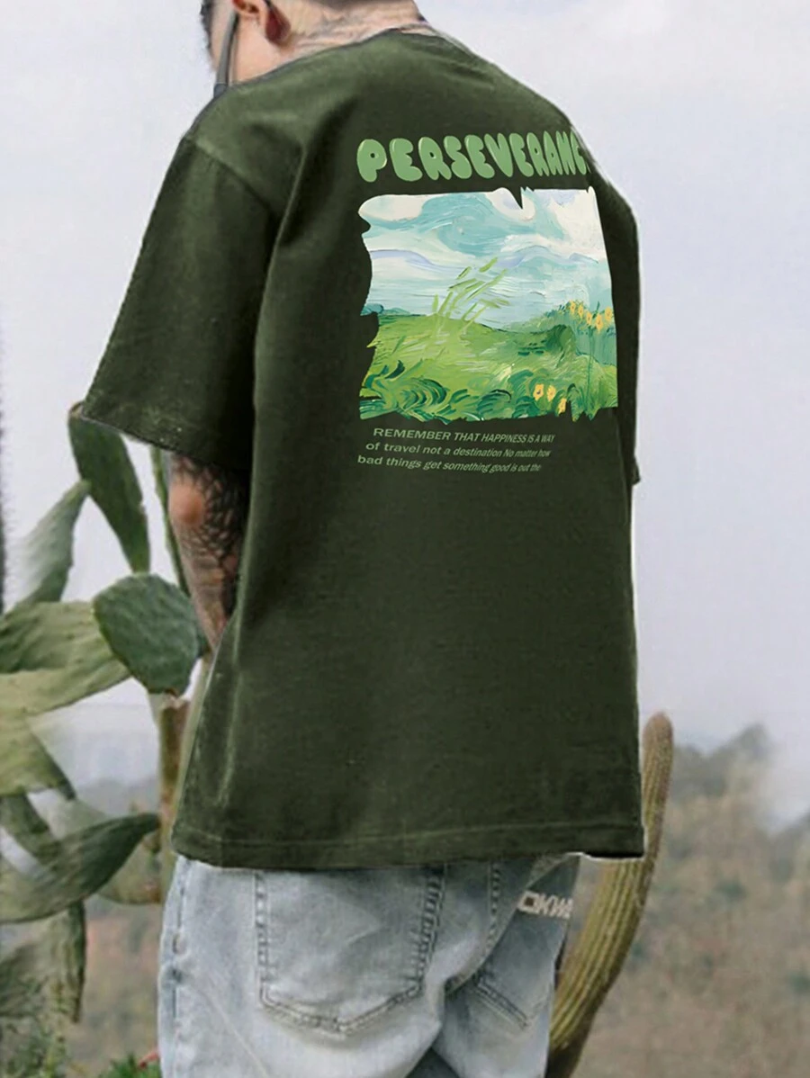 Hombres Camiseta de hombros caídos con estampado de slogan - Verde militar - Ver 1