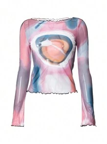 Women's Long Sleeve Fashionable Y2K Ruffle Hem Tie-Dye T-Shirt - Pink - View 7
