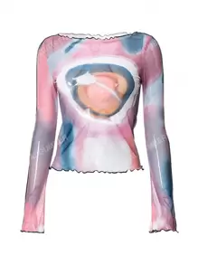 Women's Long Sleeve Fashionable Y2K Ruffle Hem Tie-Dye T-Shirt