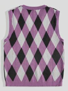 ROMWE MEN Academia Men Diamond Checkered Knitted Sweater Vest - Purple - View 2