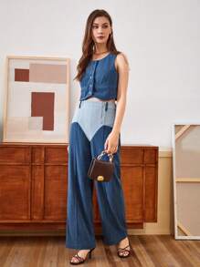 Anewsta 女式復古無袖上衣和長褲兩件套,拼接設計