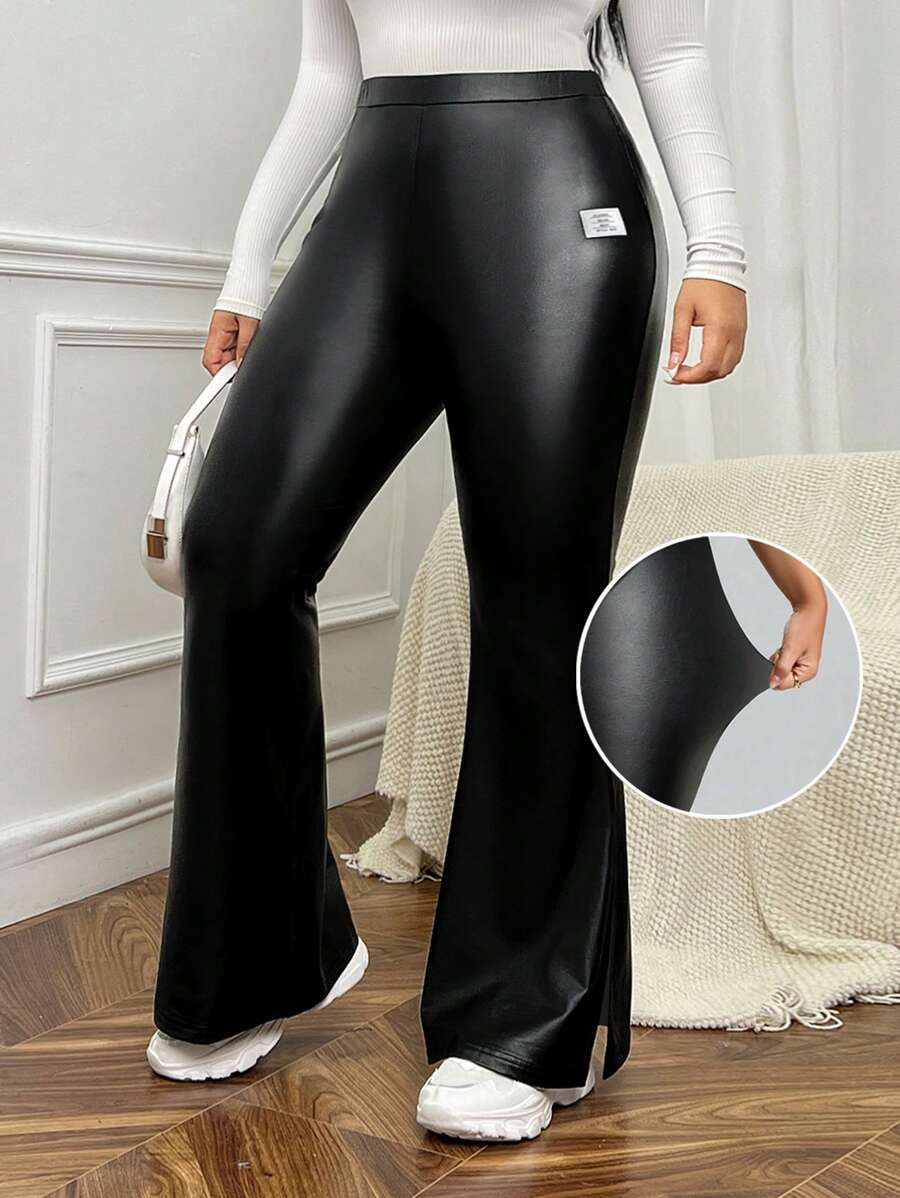 SHEIN EZwear Quần ống loe co giãn bằng da giả màu đen cỡ lớn dành cho nữ - Xám - Xem 1