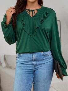 SHEIN LUNE Kích thước lớn Của phụ nữ Xù Hoa Sen Dây rút Áo thun Với Lá sen - Màu xanh lá cây đậm - Xem 4