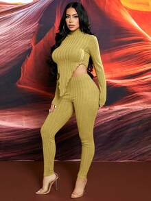 SHEIN SXY Bộ áo thun và quần legging có gân bất đối xứng dành cho nữ - Màu vàng - Xem 5