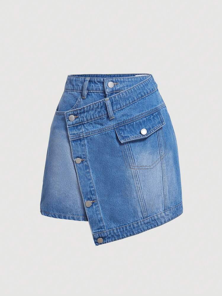 Washed Asymmetrical Hem Denim Skirt