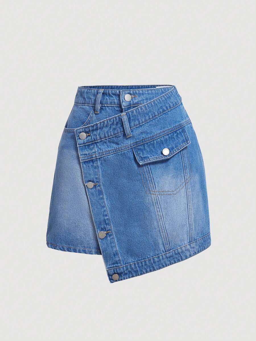 SHEIN EZwear Denim mùa giặt Viền không đối xứng Váy Denim - Màu xanh lam - Xem 1