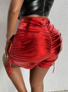 Slaydiva 女大尺寸抽繩百褶短褲 - 紅色 - 查看 5