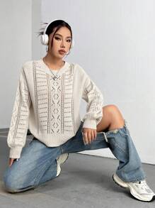 SHEIN Unity Mesh Knit Drop Shoulder Crew Neck Knit Pullover Fall Winter Sweater - Apricot - View 4