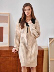 SHEIN Unity Women'S Cable Knitted Sweater Dress With Splicing Collar, Button Details - Apricot - View 4