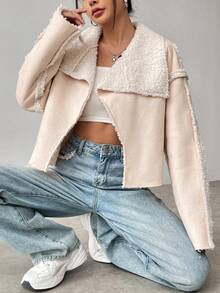 SHEIN Unity Lông dê con Lót Áo khoác Với Vá lại Thiết kế - Màu be - Xem 4