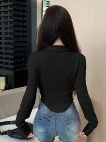 DAZY 不对称下摆长袖T恤，秋装 - 黑色 - 查看 4