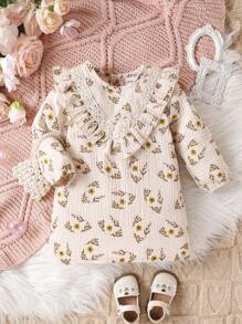 Baby Girls' Cute Mori Style Korean Version Dress With Lace And Ruffle Edge, Floral Print Long Sleeve Dress - Beige - View 1