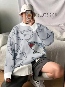 Manfinity Hypemode 男士可愛的鯊魚圖案寬鬆休閒毛衣 - 米色 - 查看 4