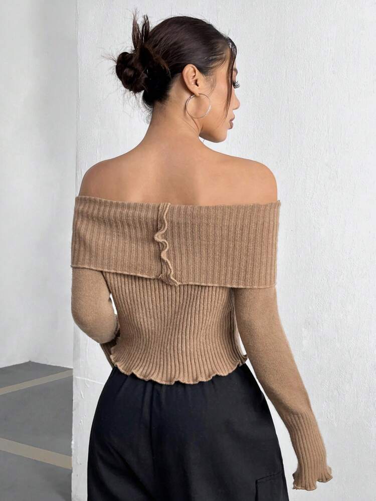 Off Shoulder Long Sleeve Ribbed Knit Pullover Fall Winter Sweater