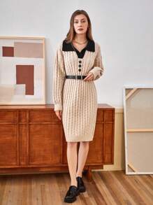 SHEIN Unity Women'S Cable Knitted Sweater Dress With Splicing Collar, Button Details - Apricot - View 7