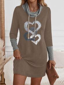SHEIN LUNE Của phụ nữ In Trái tim Tay áo dài Dây rút Đầm - Màu nâu  Mocha - Xem 4