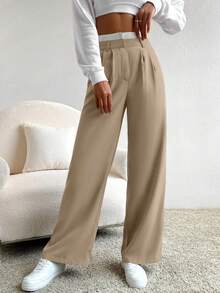 SHEIN EZwear Viền tương phản & Xếp li Quần váy - Màu Khaki - Xem 3