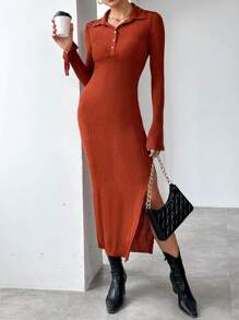 SHEIN Essnce Vestido De Mujer Con Cuello De Polo Y Color Sólido - Marrón - Ver 1