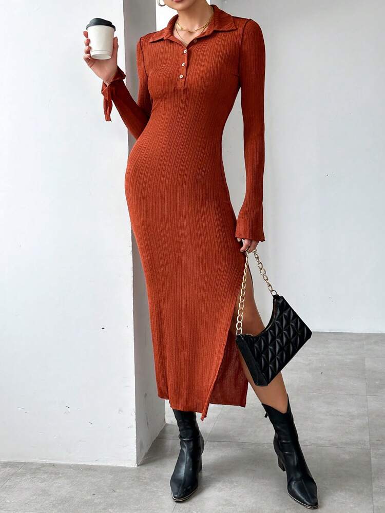 Solid Color Polo Neck Women's Dress