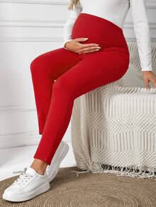 SHEIN 孕婦紅色緊身彈性牛仔褲,寬鬆舒適調節腰帶,休閒時尚聖誕裝