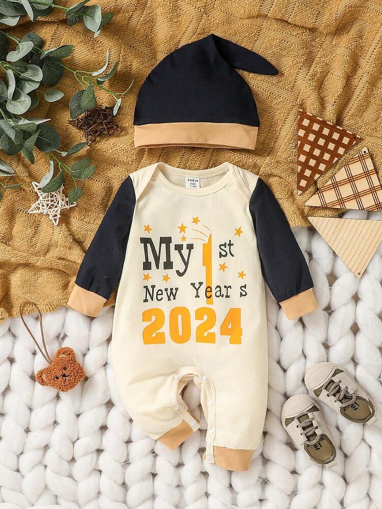 2024 New Year Baby Boys' Long Sleeve Jumpsuit With Round Neck & Color-Blocked Design, Autumn/Winter
