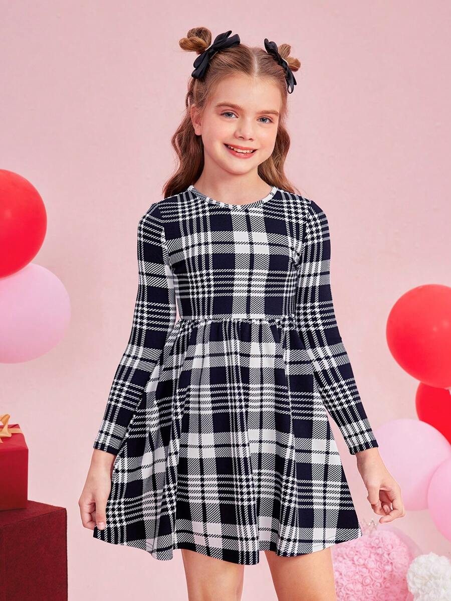 SHEIN 少女時裝針織格紋圓領合身休閒連衣裙 - 藏蓝色 - 查看 1