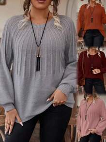 SHEIN LUNE Lantern Sleeve Round Neck Plus Size Sweater, For Winter Knit Pullover Fall Sweater - Grey - View 1