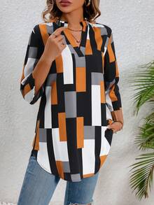 SHEIN LUNE 留口領幾何印花短袖襯衫 - 彩色 - 查看 4