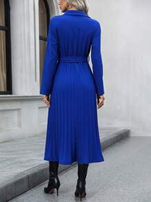 SHEIN Clasi Solid Color Pleated Belted Dress - Royal Blue - View 2