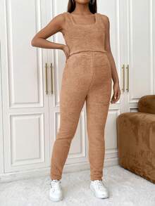 SHEIN 孕婦絨毛背心,前開外套和長褲套裝 - 卡其色 - 查看 6