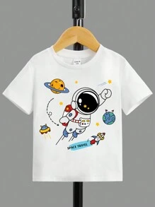 SHEIN Young Boy Casual Cartoon Printed Short Sleeve Round Neck T-Shirt - White - View 1