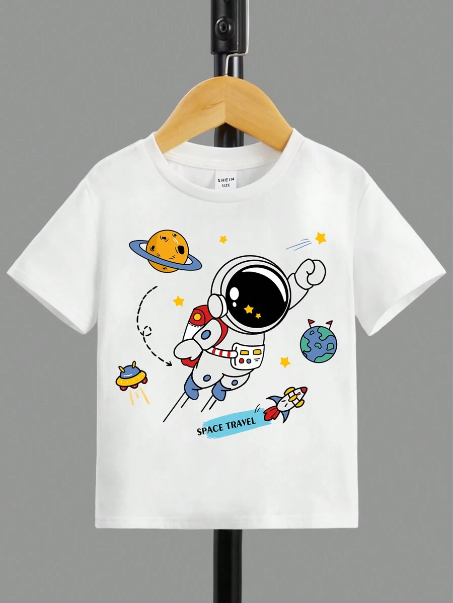 SHEIN Young Boy Casual Cartoon Printed Short Sleeve Round Neck T-Shirt - White - View 1