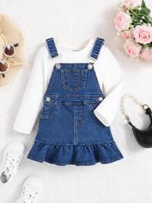 SHEIN Baby Girls' Denim Overall Dress With Elastic Ruffled Hem And Washed Effect, Tee Not Included - Dark Wash - View 1