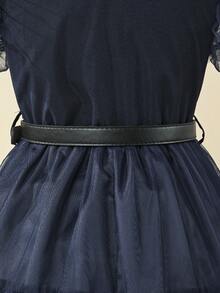 Vestido de fiesta con mangas con volantes y capas de tul para niñas preadolescentes - Azul Marino - Ver 7