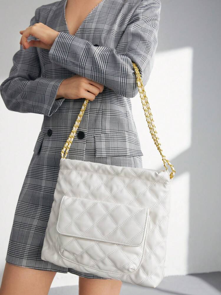 Quilted Pattern Chain White Shoulder Bag