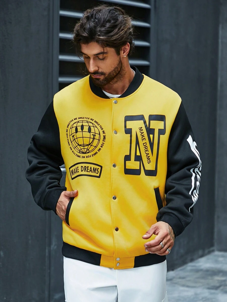 Manfinity Homme Veste De Baseball À Blocs De Couleur Imprimée Texte Taille Plus Pour Homme, Coupe Ample - Jaune citron - Voir 1