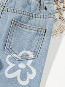 Baby Girls' Elastic Waist Flower Print Denim Pants - Medium Wash - View 6