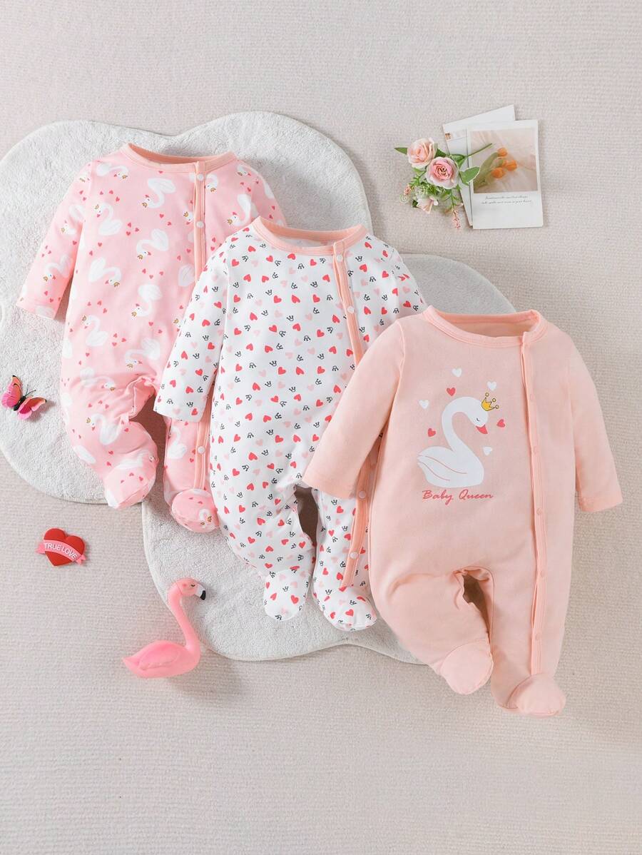 SHEIN 嬰兒卡通天鵝圖案側面按扣連身睡衣 - 彩色 - 查看 1