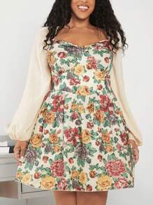 SHEIN CURVE+ Kích thước lớn Tay áo lồng đèn In hoa Đầm - Nhiều màu - Xem 3