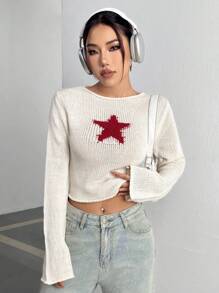 Flirla Áo len nữ thời trang ngắn họa tiết ngôi sao, dáng ôm, tay dài, kiểu áo chui đầu dệt kim mùa thu đông. - Màu be - Xem 3