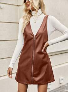 SHEIN Privé 女士前拉鍊吊帶連身裙 - 棕色 - 查看 6