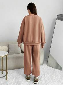 青少年針織泡沫印花運動衫和喇叭褲套裝 - 卡其色 - 查看 2