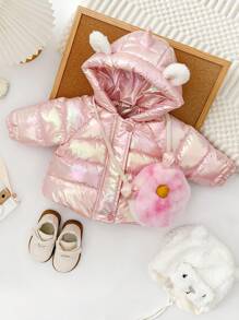 嬰兒女童帶包連帽棉衣,冬季時尚厚外套 - 粉色 - 查看 1